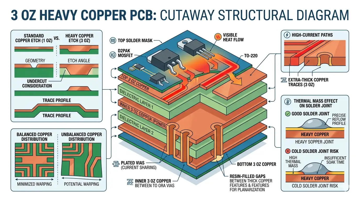 3oz Heavy Copper PCB Control Points: High-Current Bottlenecks, Etch Compensation, Lamination, and Assembly