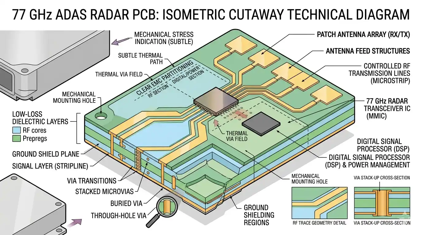 Automotive ADAS Radar PCB Mass Production Control Points: 77GHz Materials, Feed Transitions, EMC, and Assembly