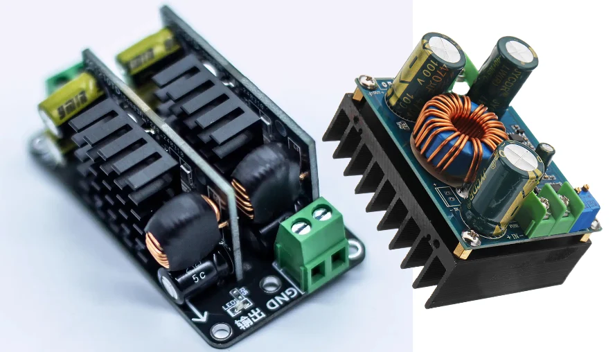 Buck converter power boards with magnetics and heatsinks